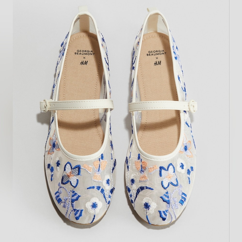 H&M X GEORGIA BEAUMONT Embroidered Mesh Ballet Flats